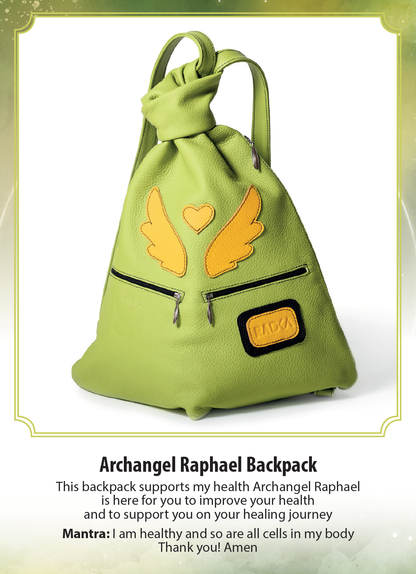 green bag with yellow wings and hearth charismatic archangel raphael backpack mantra health