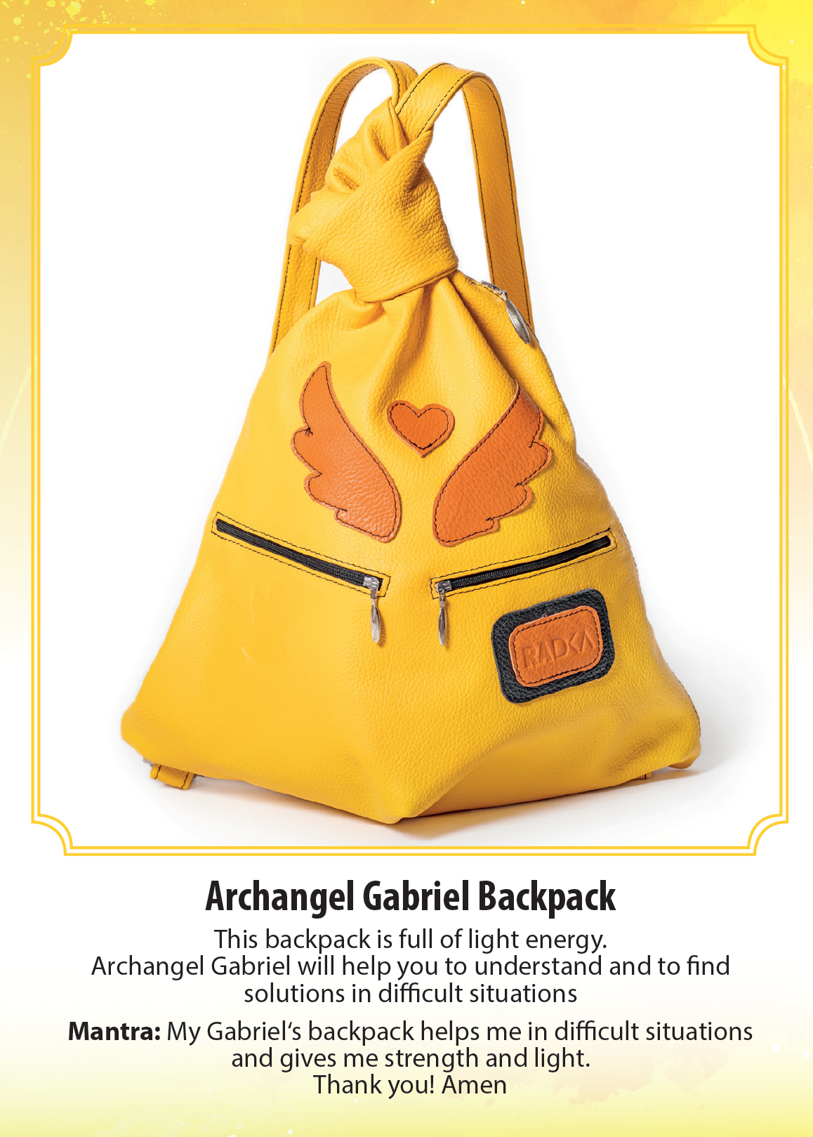 yellow bag with orange wings and hearth charismatic angel gabriel mantra strength