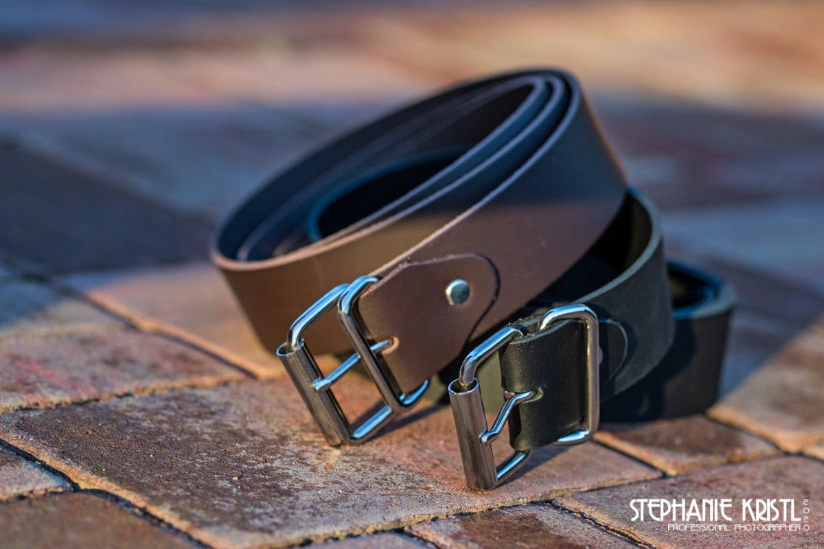 luxury black and brown leather belt with one stitch